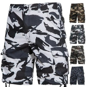 Men's camouflage cargo shorts with side pockets, cotton, loose fit; shown in five color options.