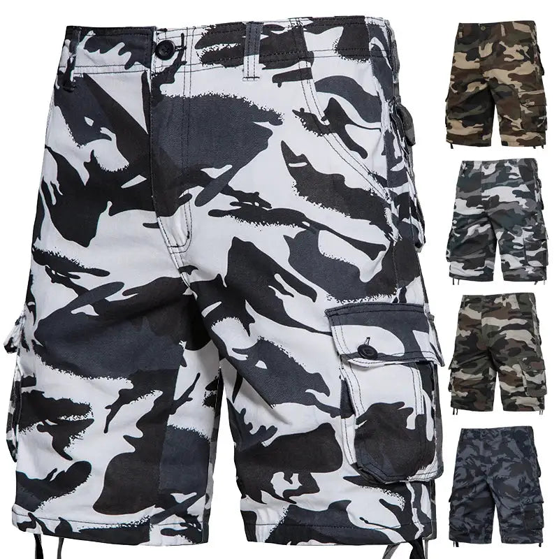 Men's camouflage cargo shorts with side pockets, cotton, loose fit; shown in five color options.