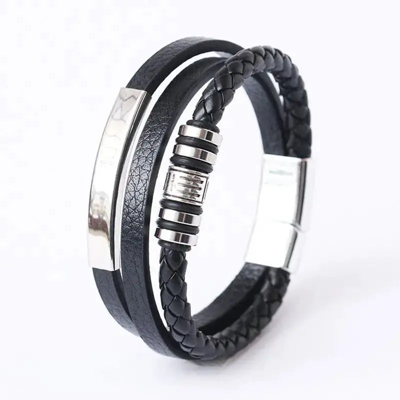 Vintage Multilayer Braided Leather Bracelet For Men Stainless Steel Rope Design Jewelry Gift
