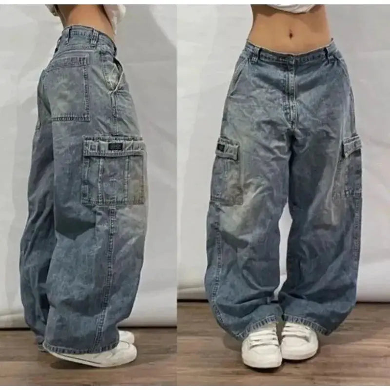 Baggy denim jeans by Simples Market, light-wash cargo pockets, high-waist, wide-leg men's fit
