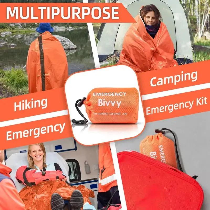 Emergency sleeping bag bivy sack in orange Mylar; lightweight, waterproof camping shelter