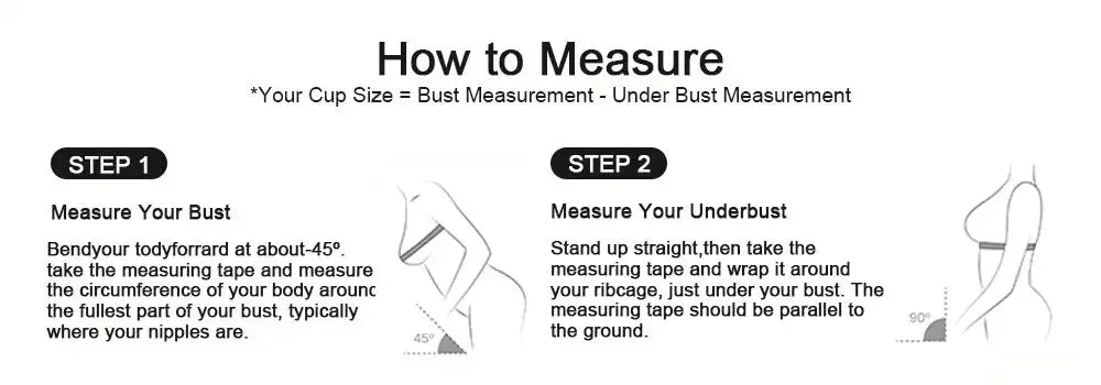 Bra measurement guide showing bust and underbust with tape measure and step diagrams.