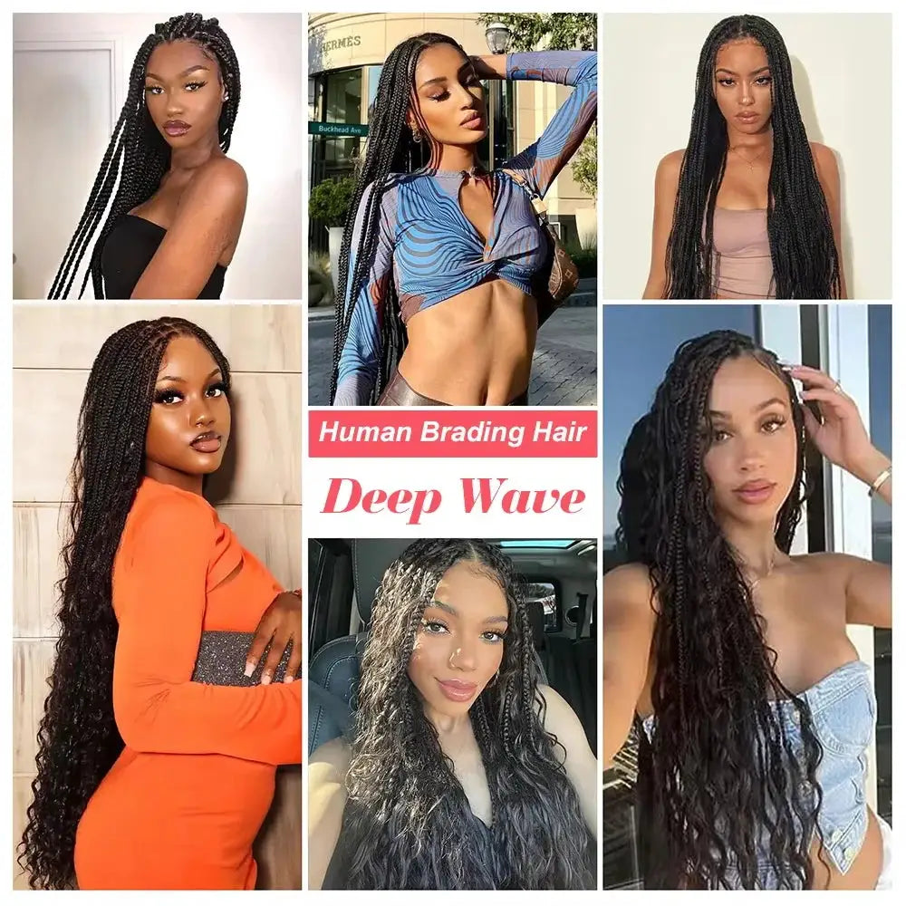 Human Braiding Hair Deep Wave bulk for braiding, no weft, deep-wave black Brazilian virgin hair, collage of 6 models