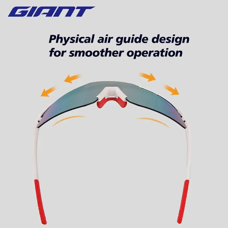 Giant cycling glasses with white TR90 frame, red tips, mirrored UV400 lenses