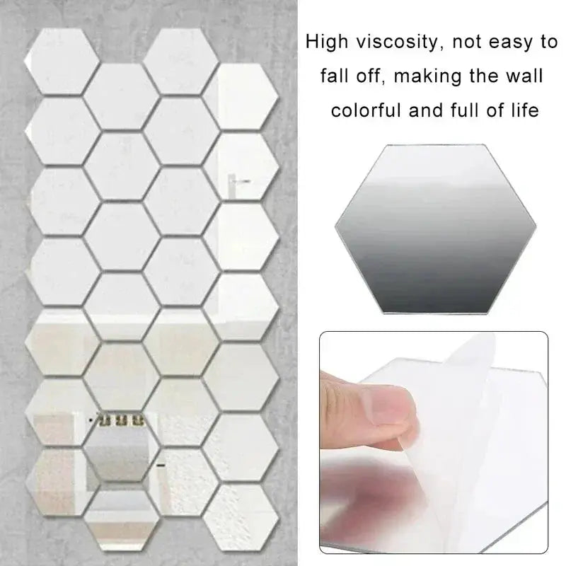 Hexagon acrylic mirror wall sticker mosaic tiles by Simples Market, silver/gold, removable, 5pcs