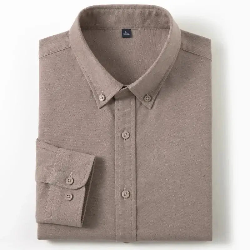 Men's slim-fit Oxford cotton shirt in taupe, long sleeves, Simples Market.