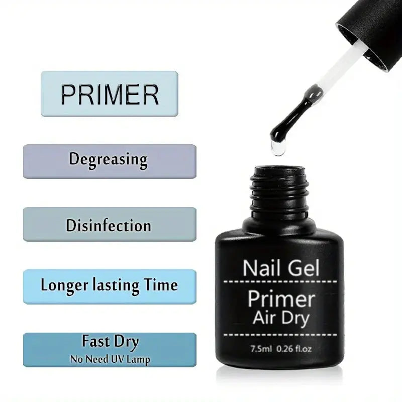 Simples Market nail primer kit with a black bottle, dropper, and labeled steps Primer, Degreasing, Disinfection