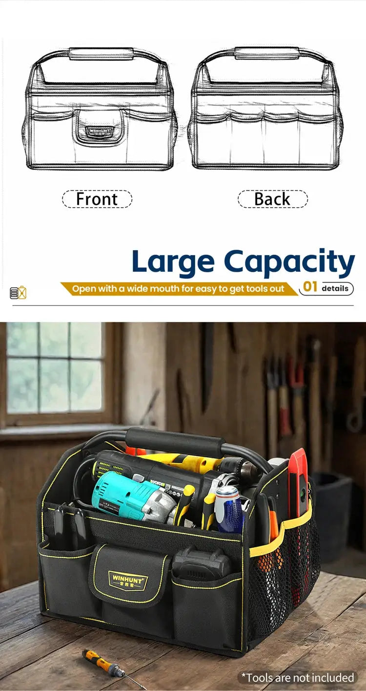 WINHUNT black tote tool bag with yellow trim, 10 pockets, wide-mouth opening; logo on front.