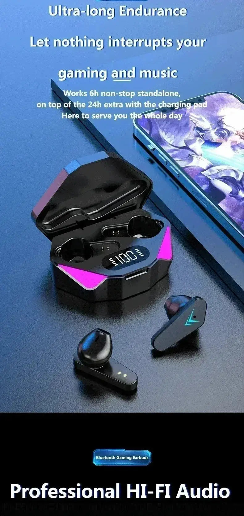 Simples Market Bluetooth TWS gaming earphones with LED display charging case, black earbuds with blue accents