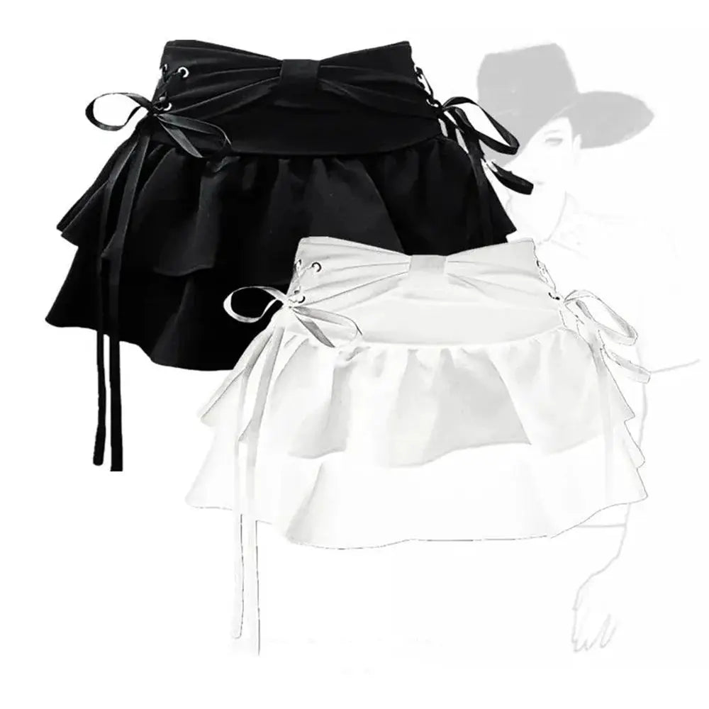 Mini skirts set: two in black and white with bow ties, layered ruffles, and A-line silhouette