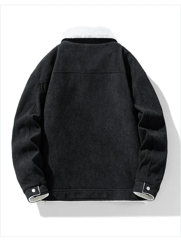 Men's black corduroy jacket with white sherpa collar and cuffs, thick winter coat