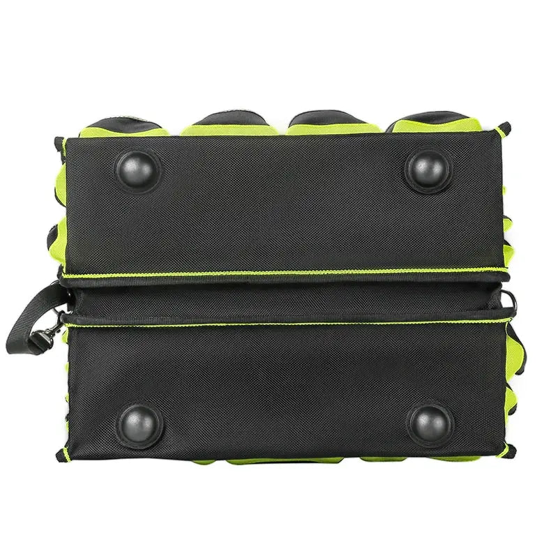 40-pocket tool tote with black fabric and neon-green trim, portable electrician tool bag organizer for trades