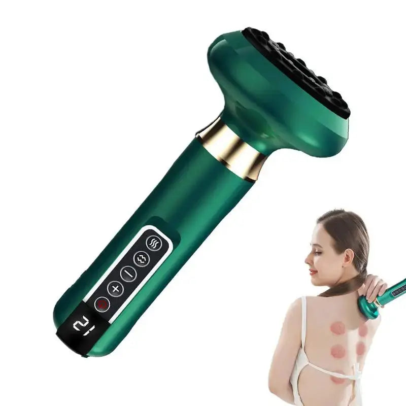 Handheld anti-cellulite massager by Simples Market, green device with control panel for hot compress and suction