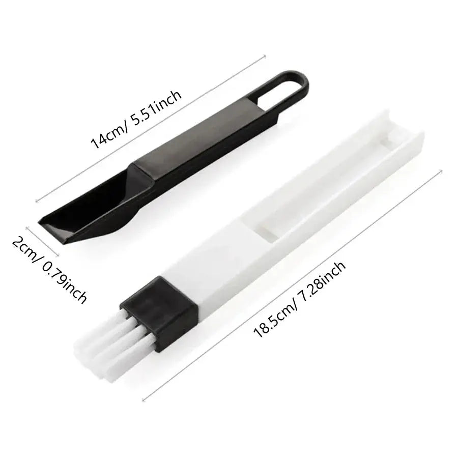 Portable two-piece cleaning brush set: black dust shovel and white groove-cleaning tool for doors, windows and keyboards