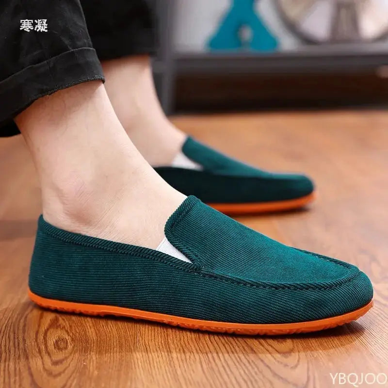 Men's teal fabric loafers with orange sole, slip-on driving moccasins (two shoes)