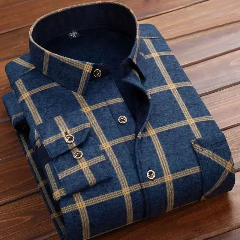 Simples Market men's blue plaid flannel shirt, long-sleeve button-down, folded on a wooden surface