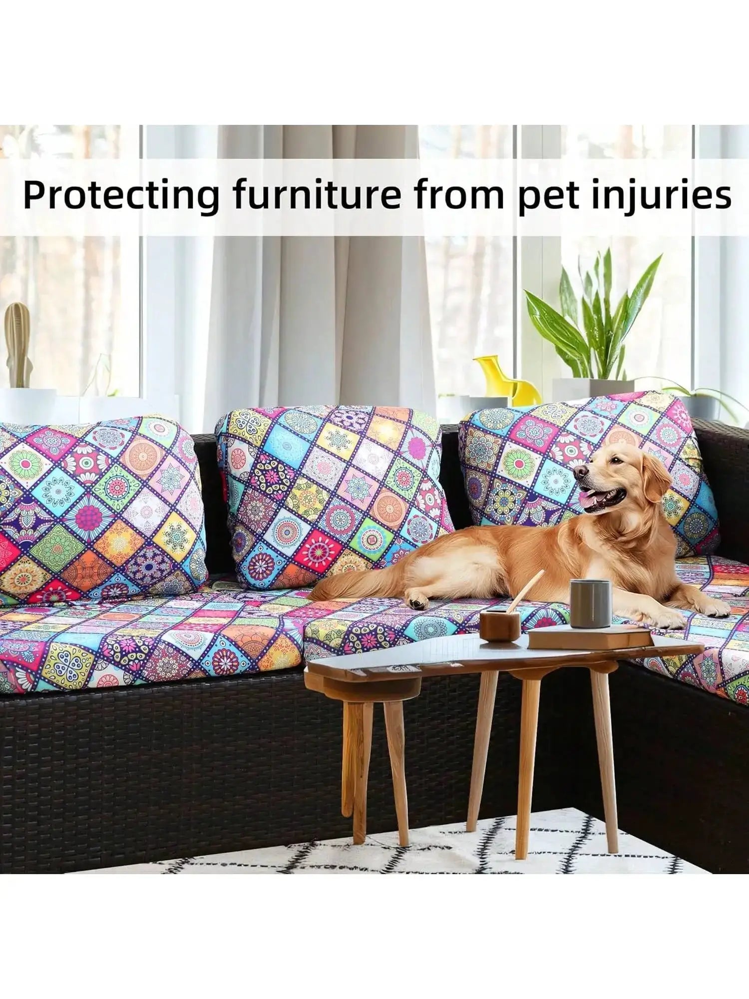 Outdoor tropical print sofa cushion covers, non-slip, on a wicker sofa with four colorful patterned cushions and a dog.