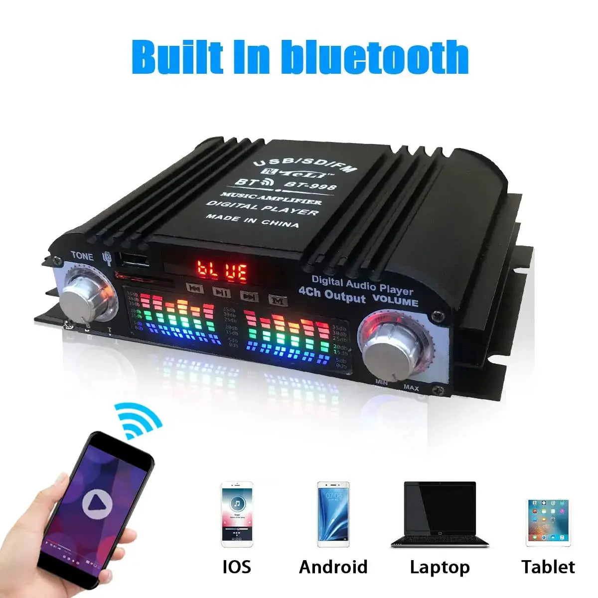 1600W Peak Power HiFi 4 Channel Digital Amplifier Bluetooth Karaoke Player FM Radio Remote Control