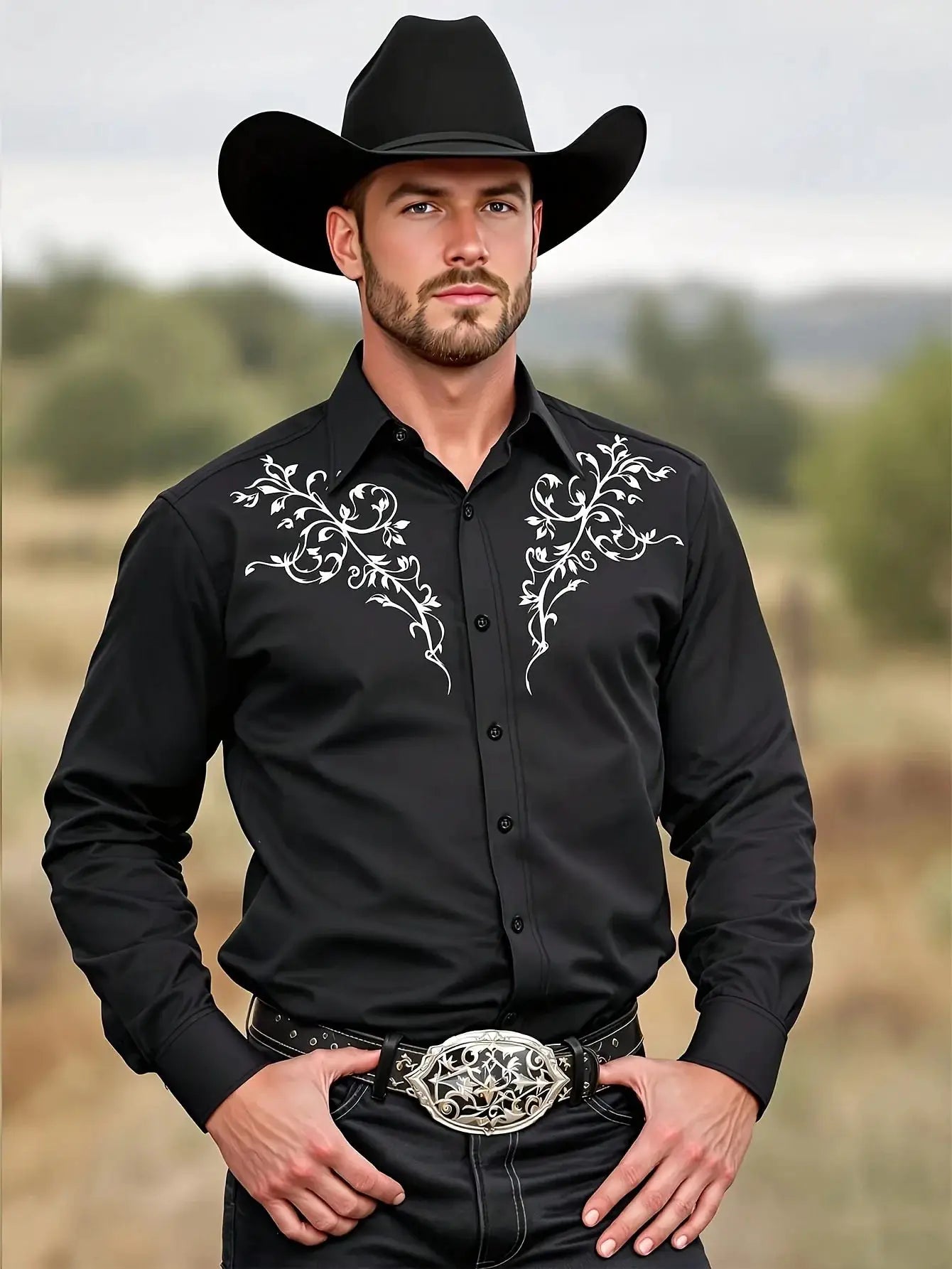 Men's black western long-sleeve shirt with white tribal embroidery, slim fit.