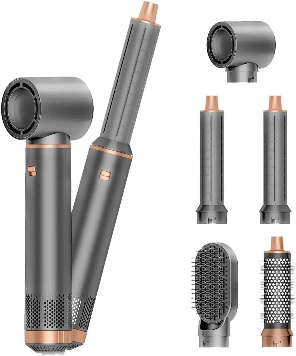 5-in-1 foldable hair dryer by Simples Market with 5 attachments in gray and copper