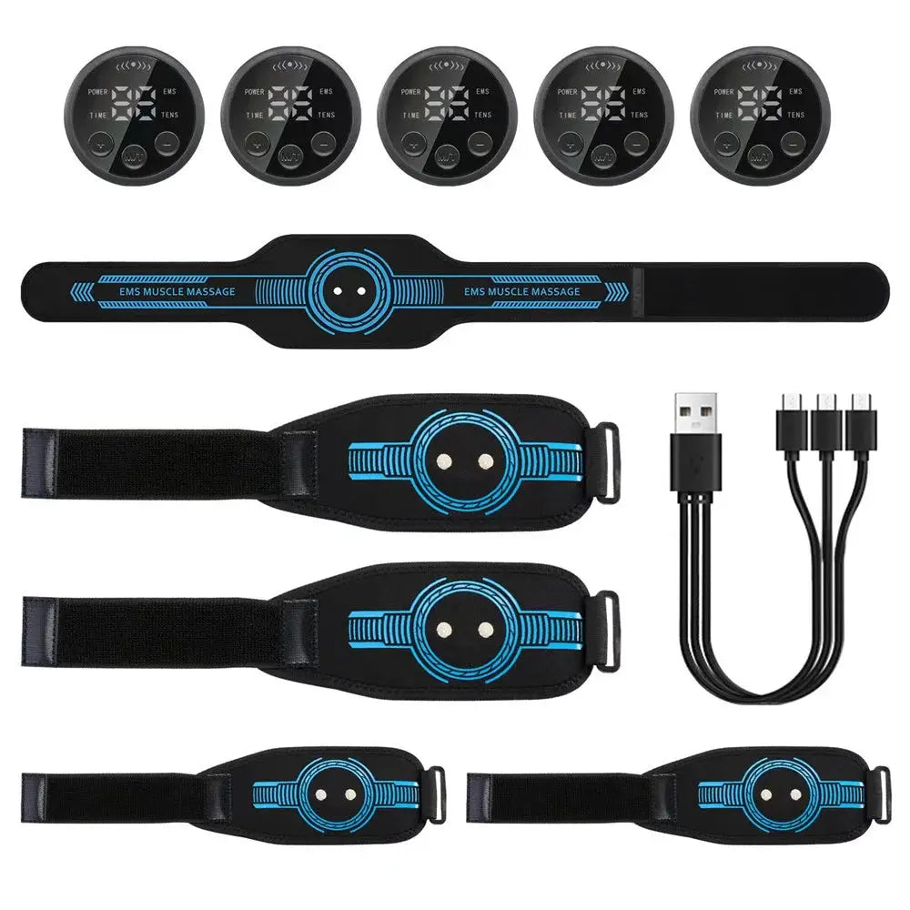 EMS belt massage set by Simples Market; black USB-charging belt with blue circuit design and five round controllers