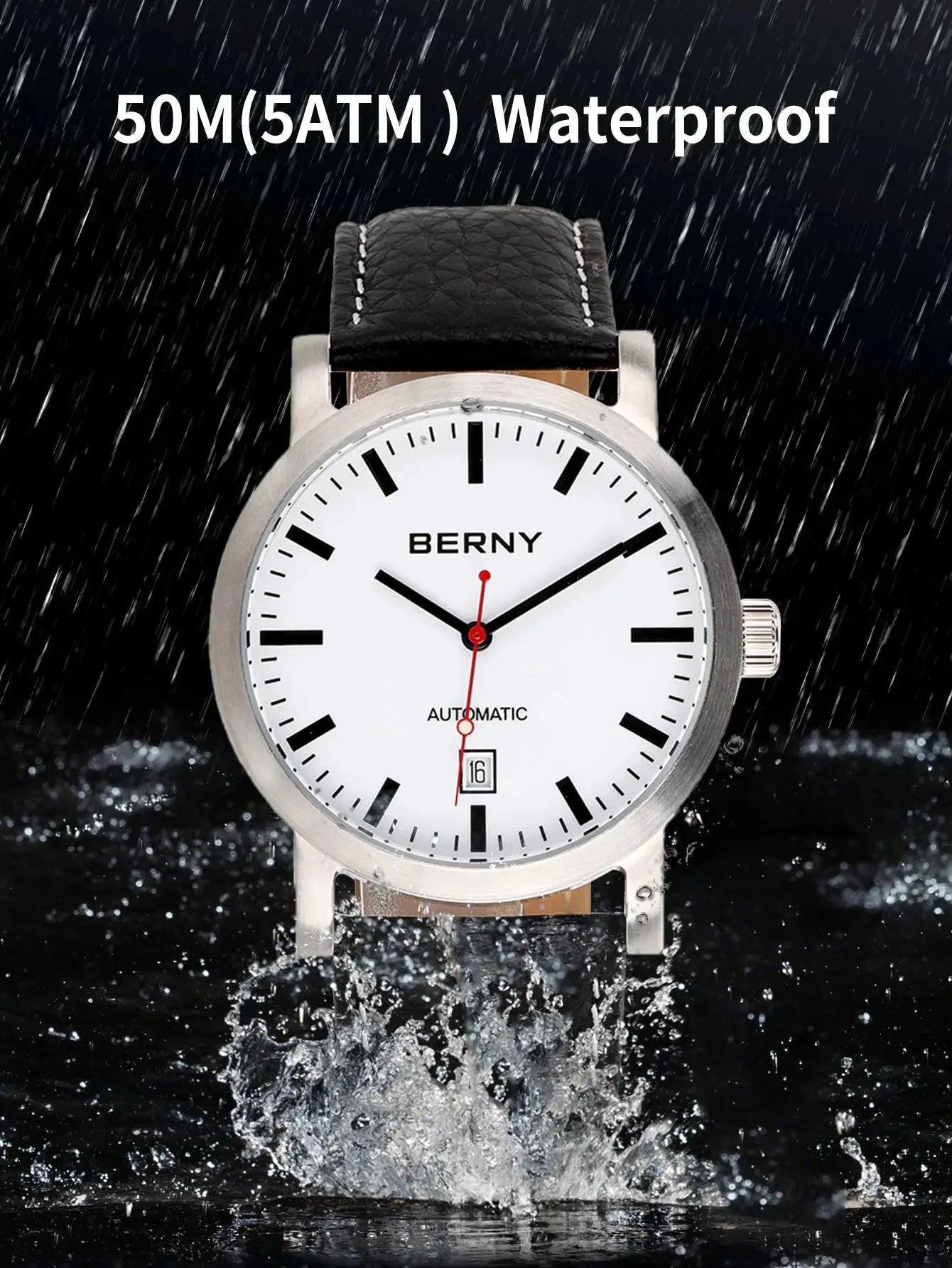 BERNY men's automatic wristwatch with white dial, black hour markers, stainless steel case, black leather strap