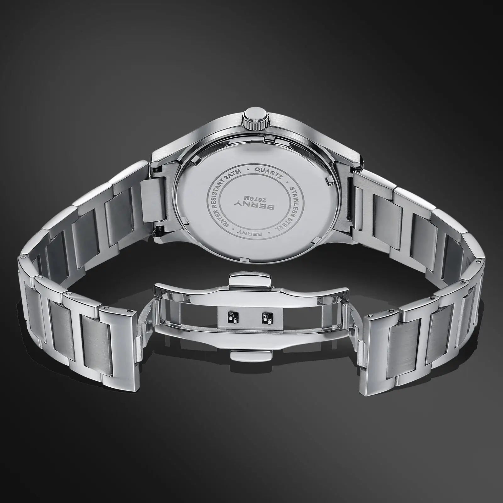 BERNY stainless steel men's wristwatch with metal bracelet, back view
