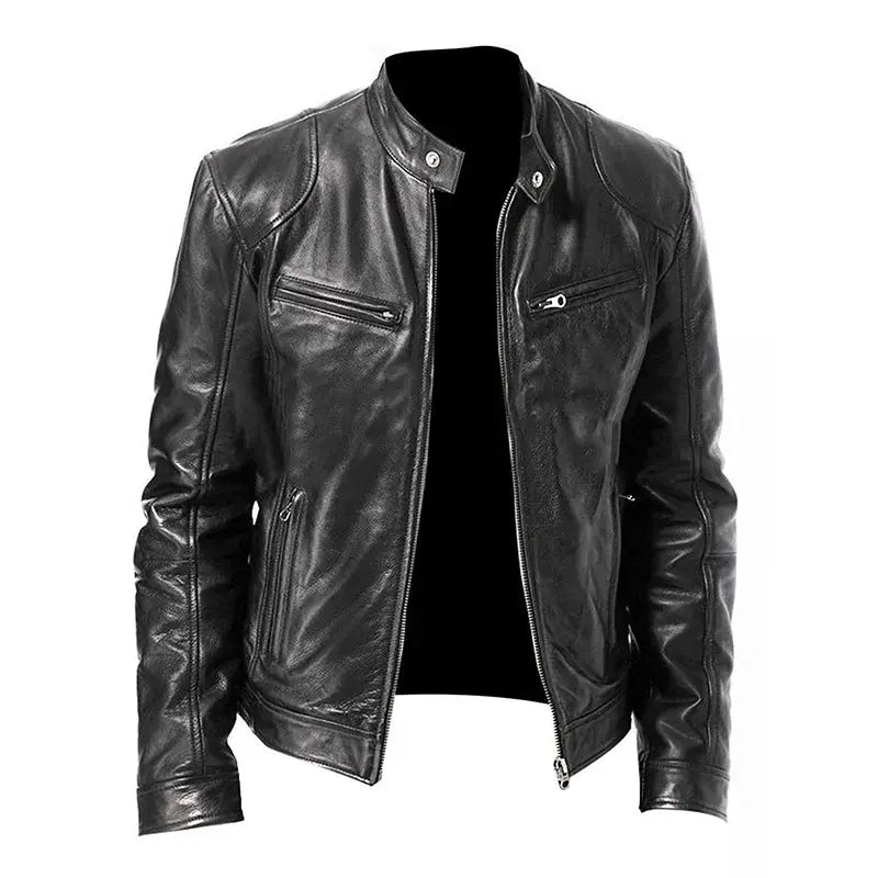 Men's black leather motorcycle jacket with zip front, slim fit