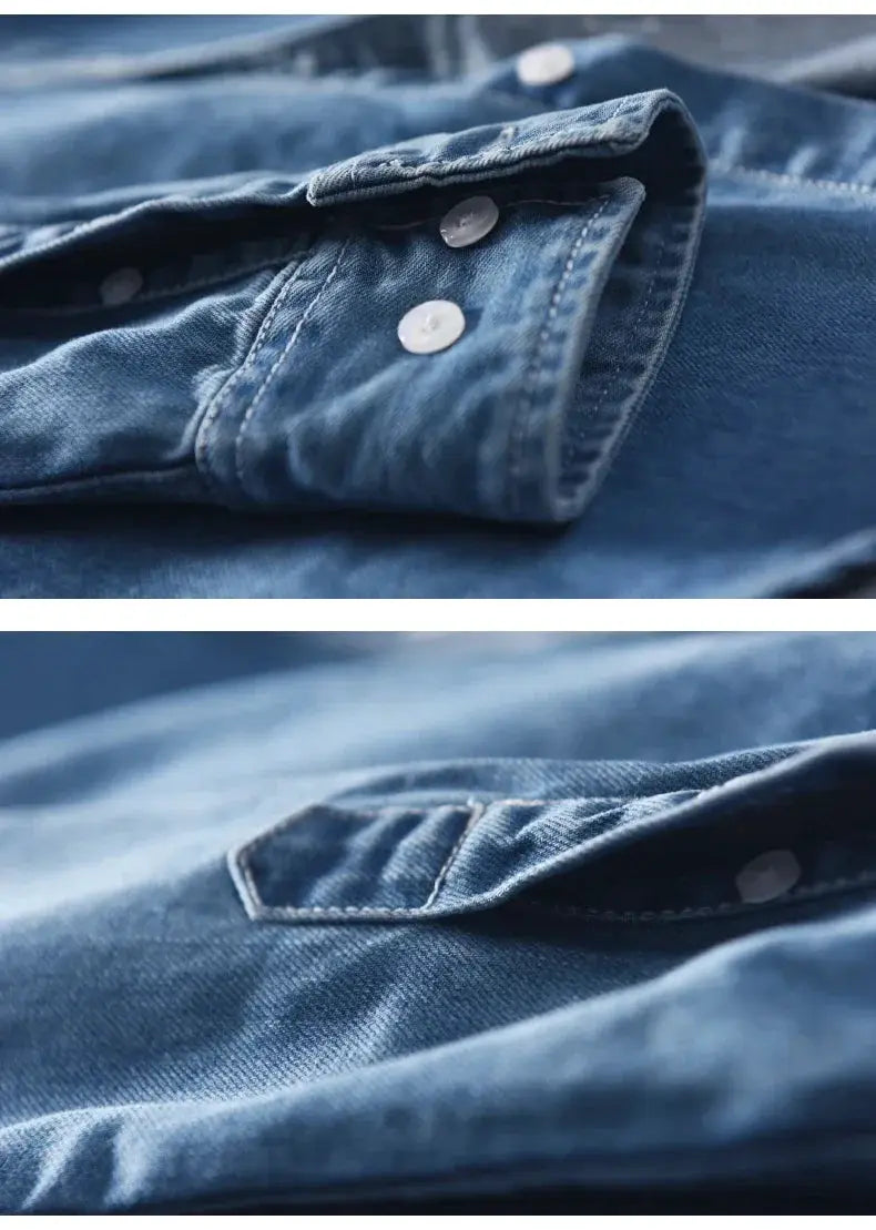 Men's denim shirt, 100% cotton, light blue, long-sleeve, button-front casual top.