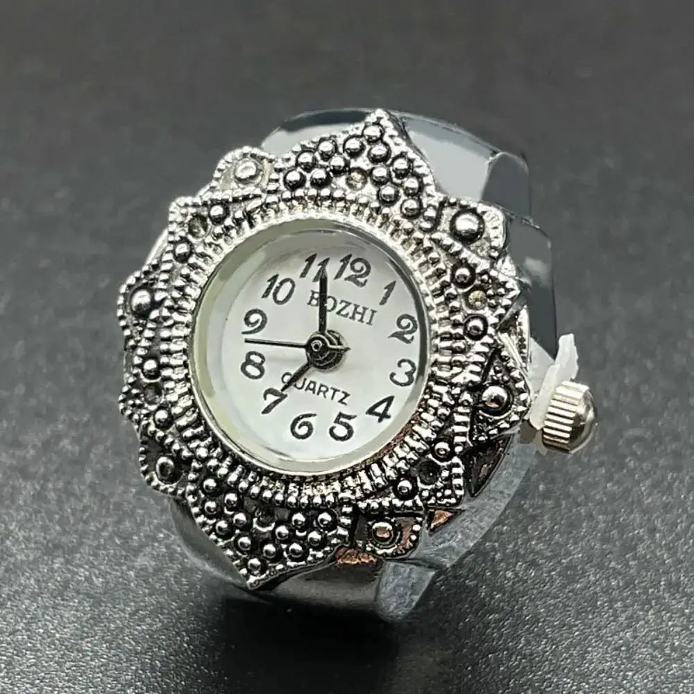 RetroPulse Heart Ring Watch With Adjustable Elastic Strap For Finger Sizes And Vintage Punk Roman Quartz Movement
