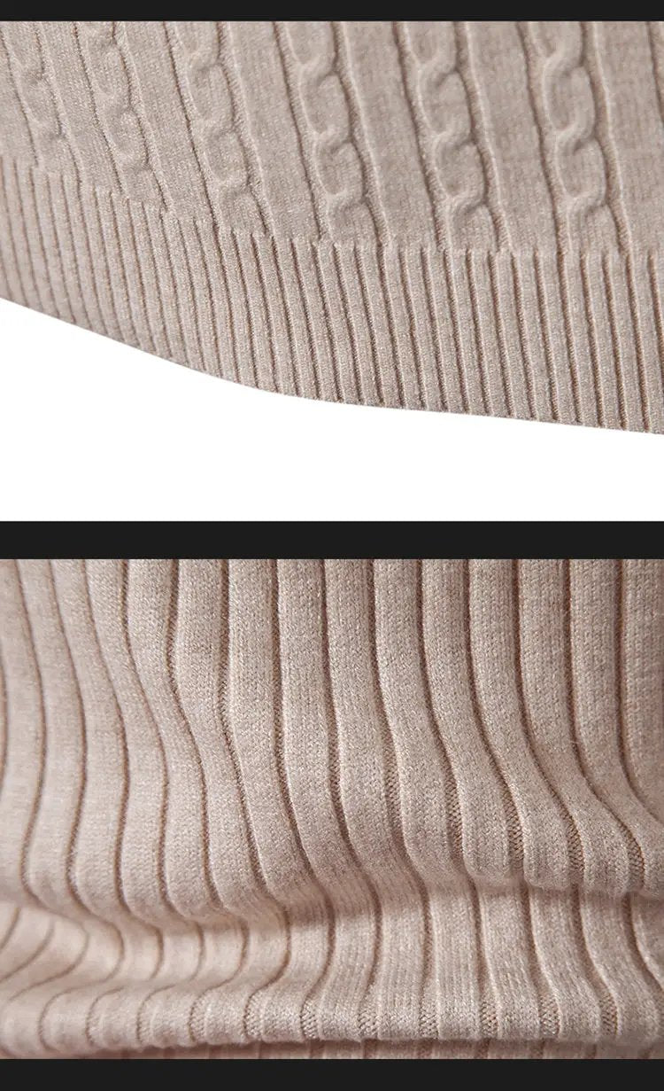 Simples Market men's beige high-neck knitted sweater close-up with ribbed and cable-knit textures