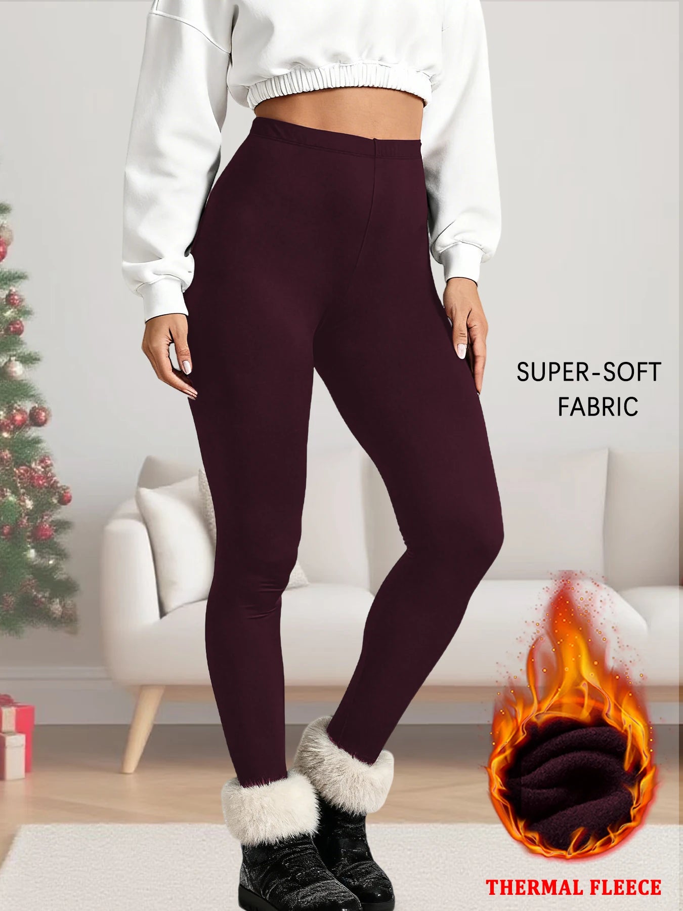 Women's thermal fleece-lined leggings in burgundy by Simples Market
