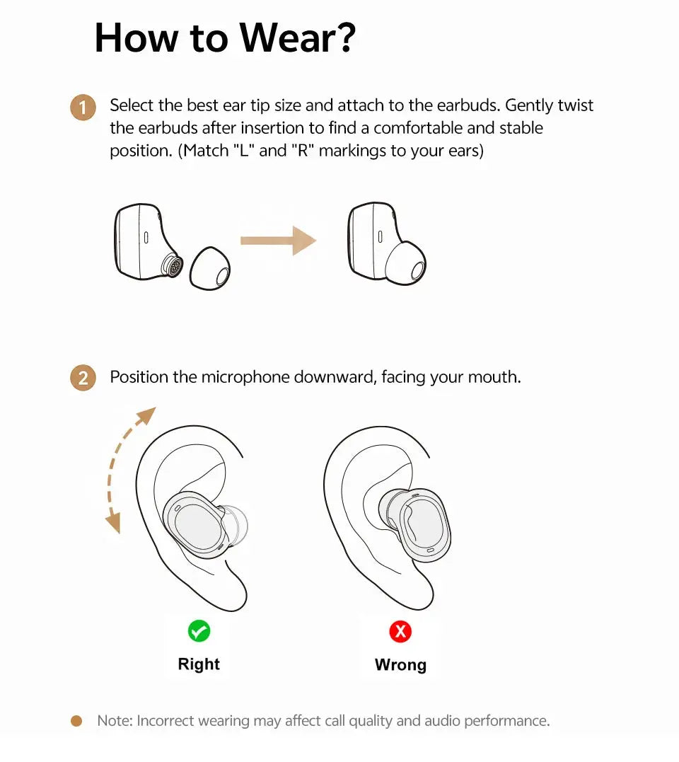 QCY MeloBuds A30 wireless earbuds wearing guide diagram showing correct and incorrect ear placement