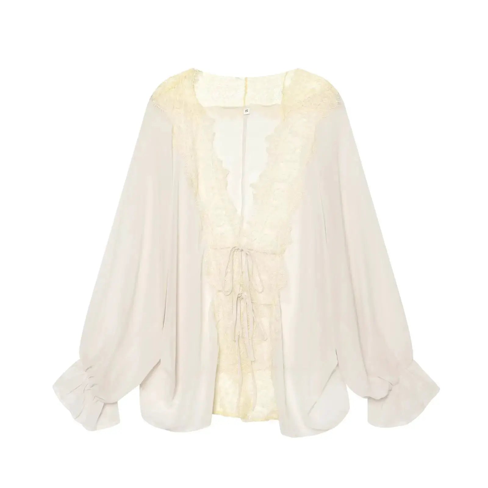 TFMLN women's ivory lace patchwork lantern-sleeve blouse, sheer with lace trim and tie-front, Simples Market