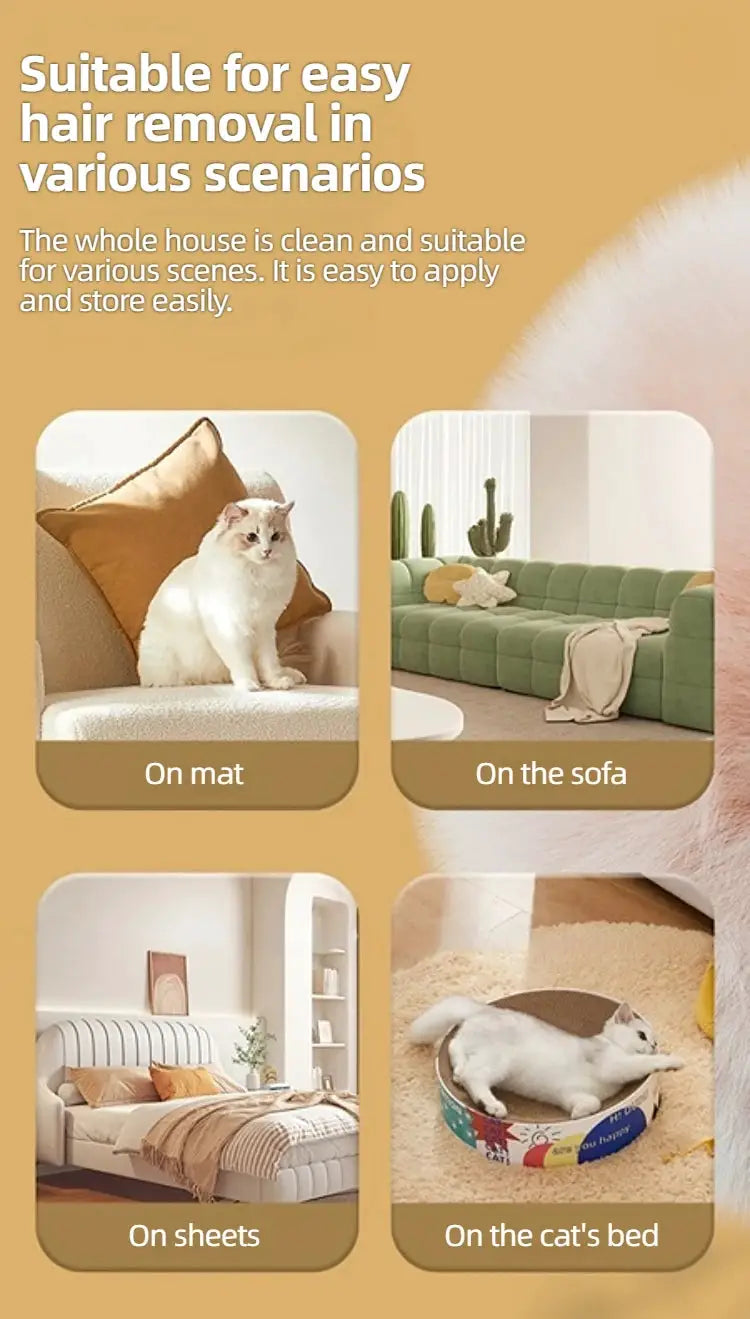 Multifunctional pet hair remover roller by Simples Market; portable, washable and shown for use on mat, sofa, sheets and cat bed.