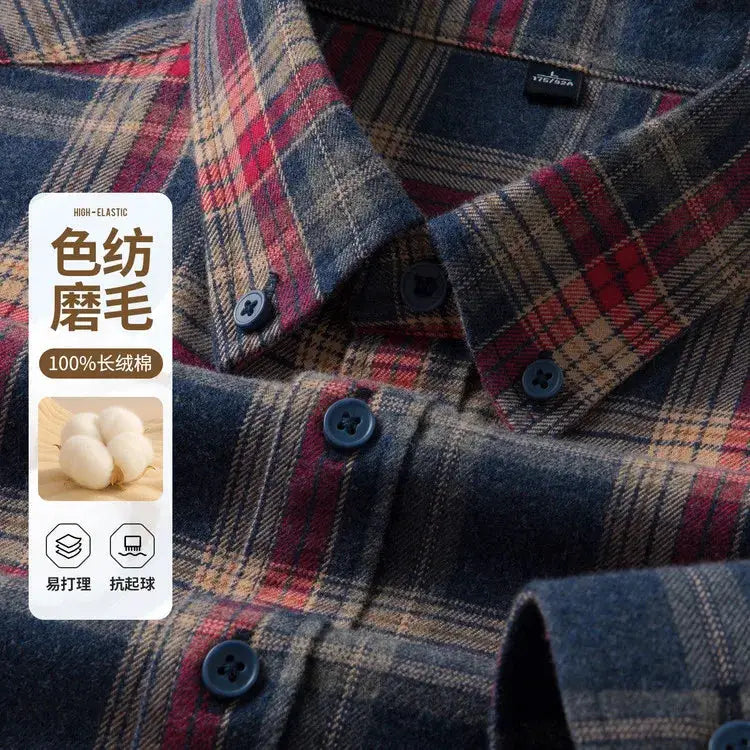 Men's plaid cotton flannel shirt with blue buttons, multi-color pattern, 100% cotton