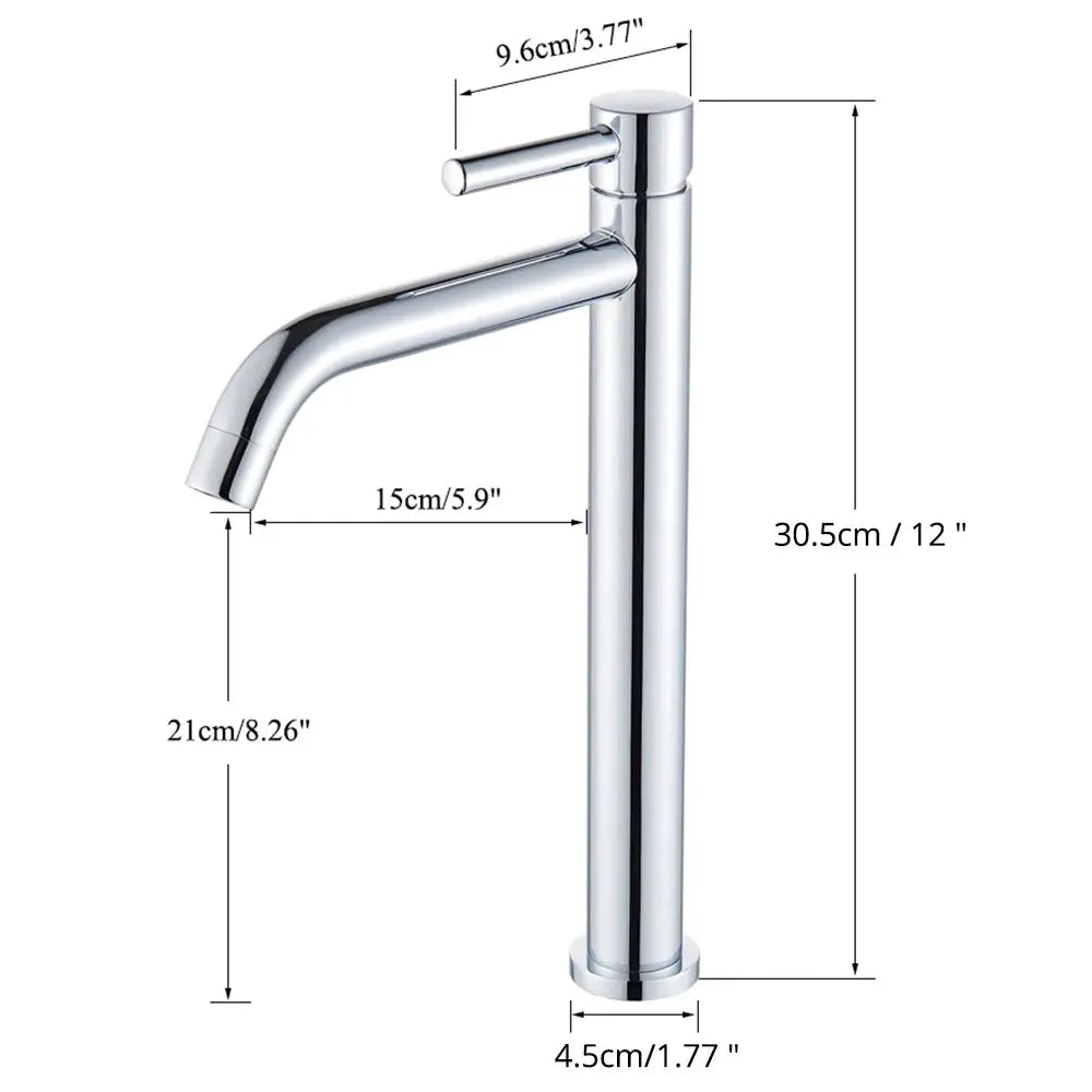 Simples Market chrome basin faucet for bathroom with tall cylindrical body, curved spout, and top lever.