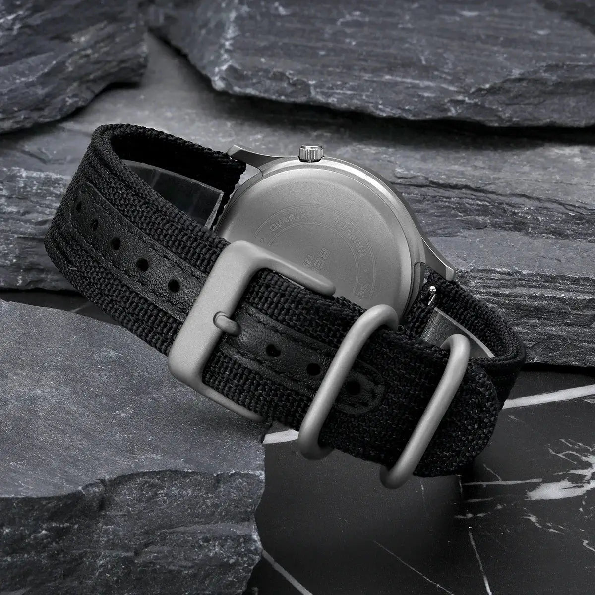 BERNY titanium men's field watch on black fabric strap with gray metal buckle