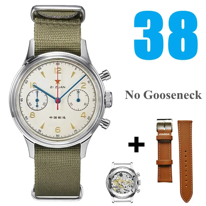 Red Star 38mm men's chronograph pilot watch with olive NATO strap and extra brown leather strap