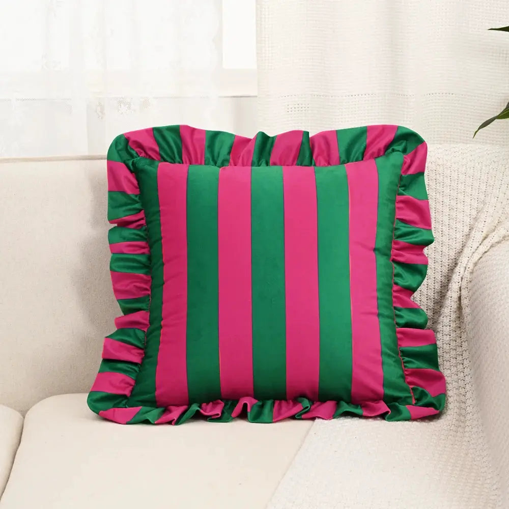 Velvet striped pillowcase, 18x18 inch, pink and green with ruffled edges