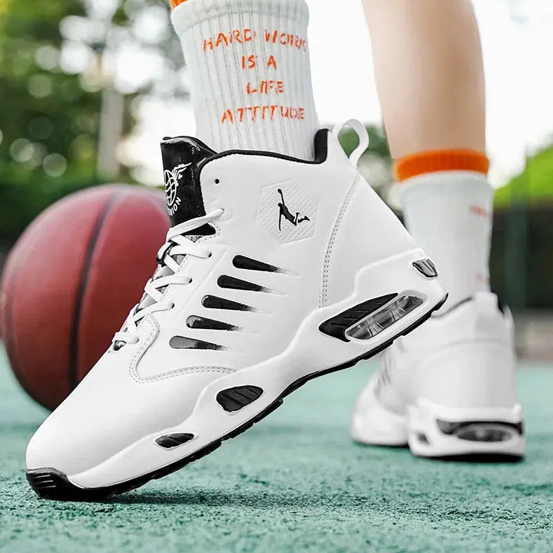 Men's white high-top basketball shoes by Simples Market with breathable mesh panels and black accents.
