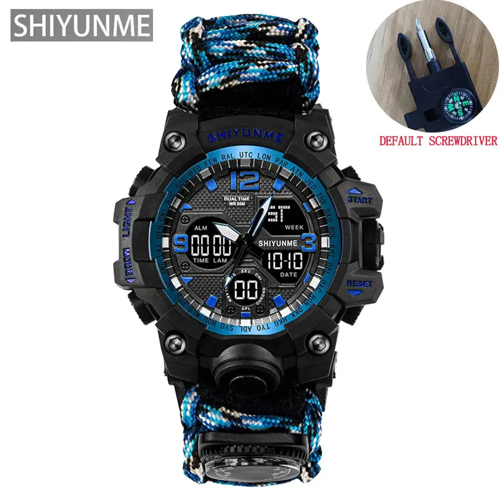 SHIYUNME rugged men's digital military watch with blue bezel and blue paracord strap