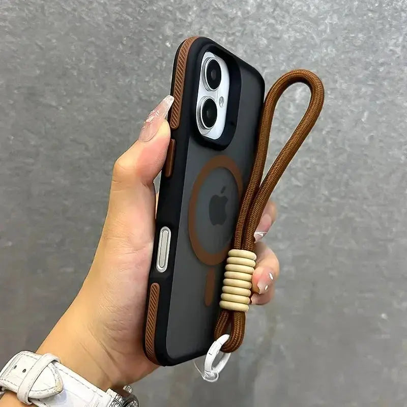 Simples Market MagSafe wrist-strap phone case, matte black with brown lanyard for iPhone 16/15/14/17 Pro Max