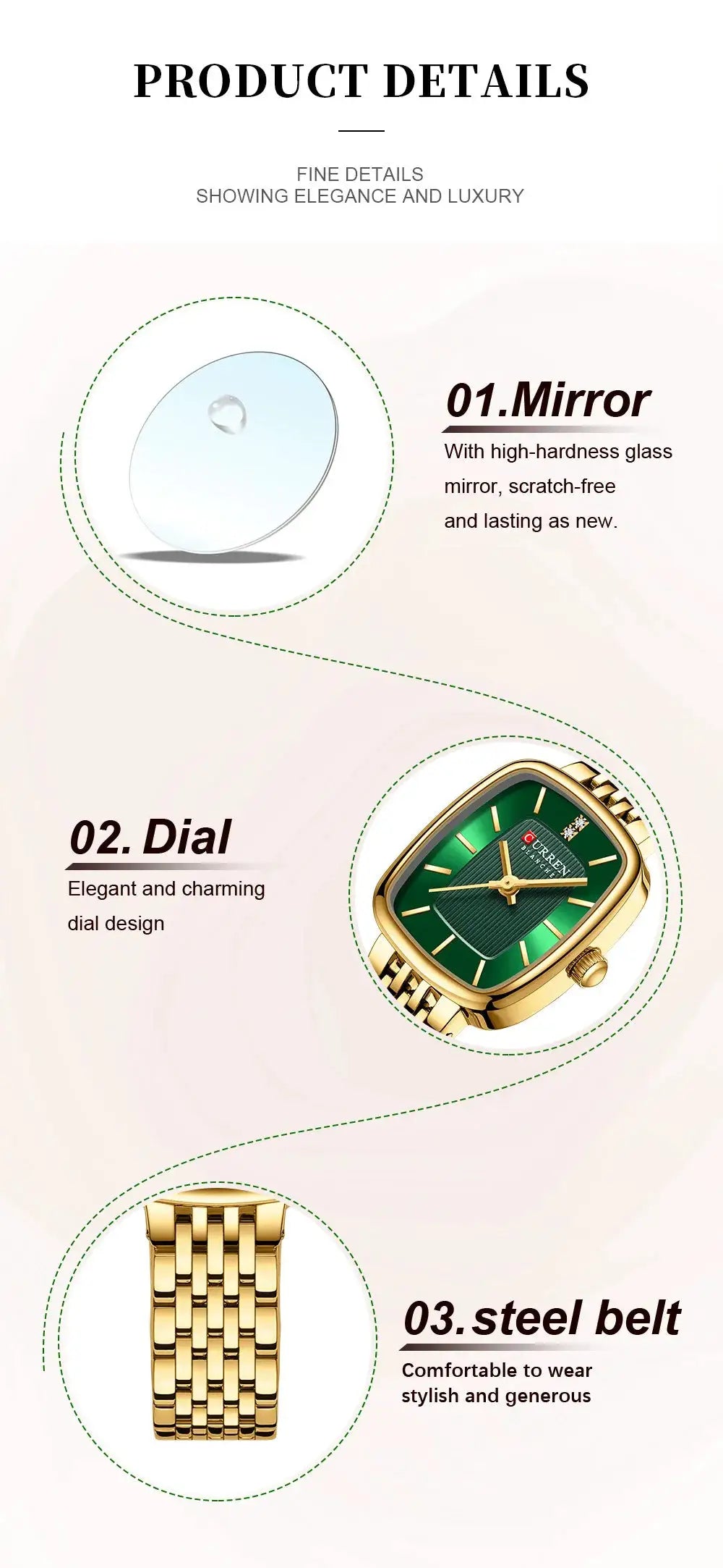 Simples Market CURRN 9093 women's quartz wristwatch with gold-tone stainless steel bracelet and green dial