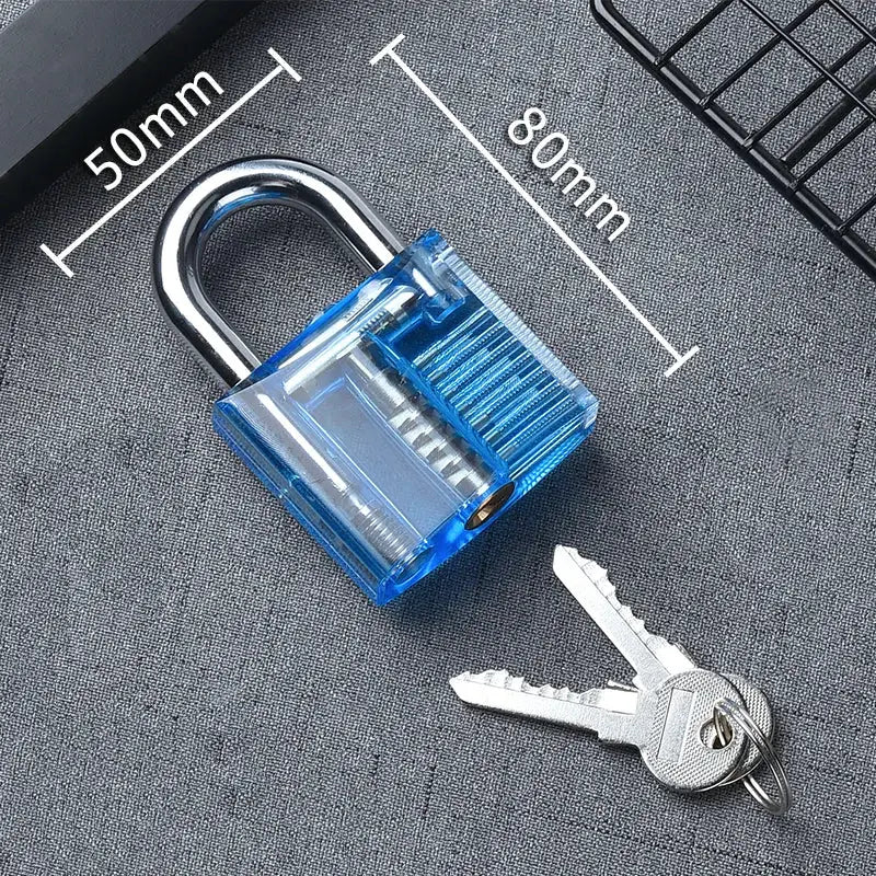 KAK transparent practice padlock with two keys, blue plastic, 80×50mm, Simples Market