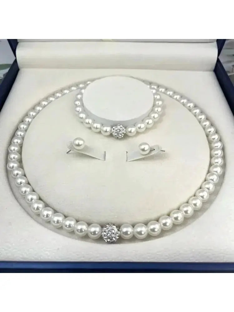3 Piece Imitation Pearl Fireball Necklace Bracelet Earring Stud Jewelry Set For Women Silver Crystal Bridal Gift
