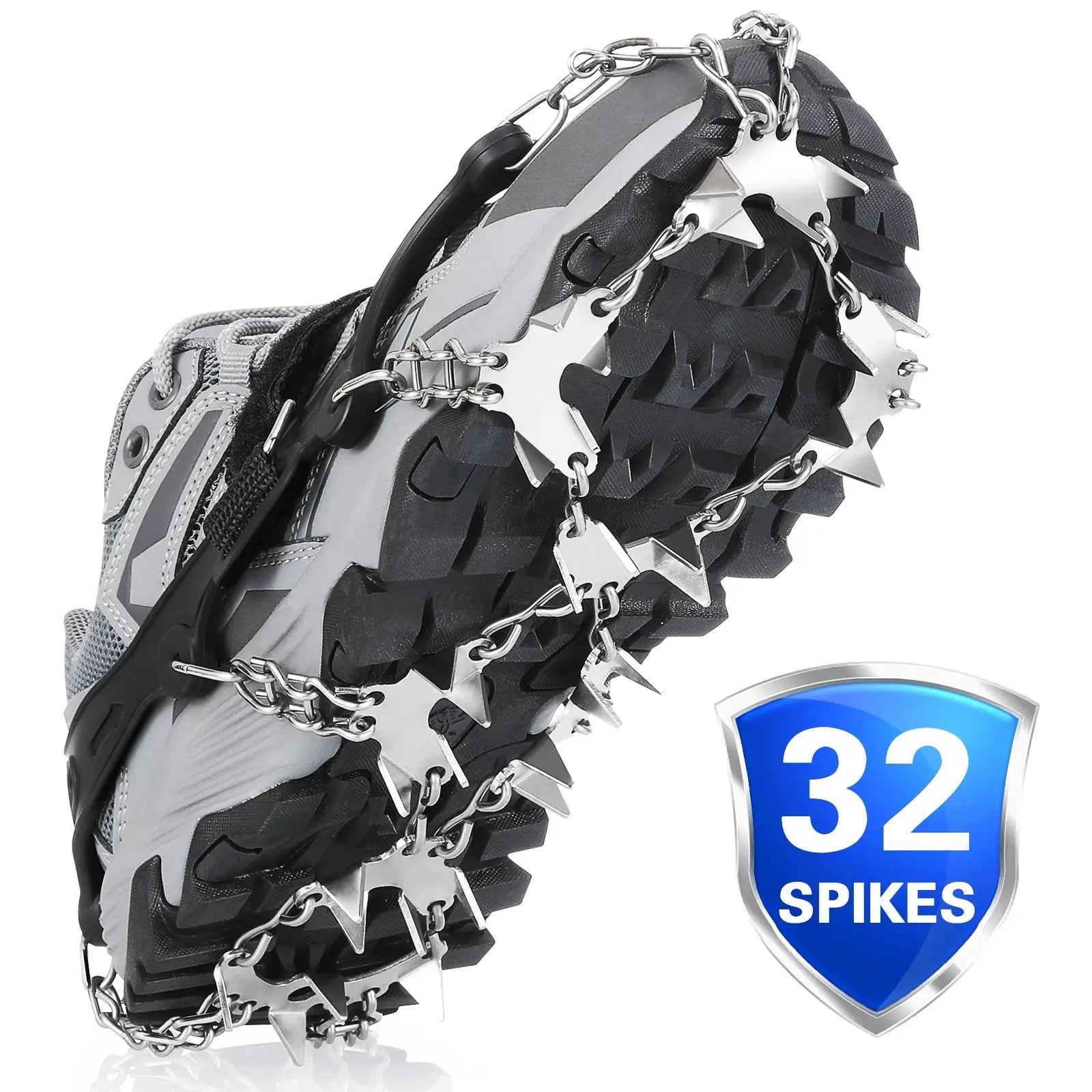 Tomshoo 32-teeth ice gripper spikes for shoes; metal crampons with chains on a rugged boot