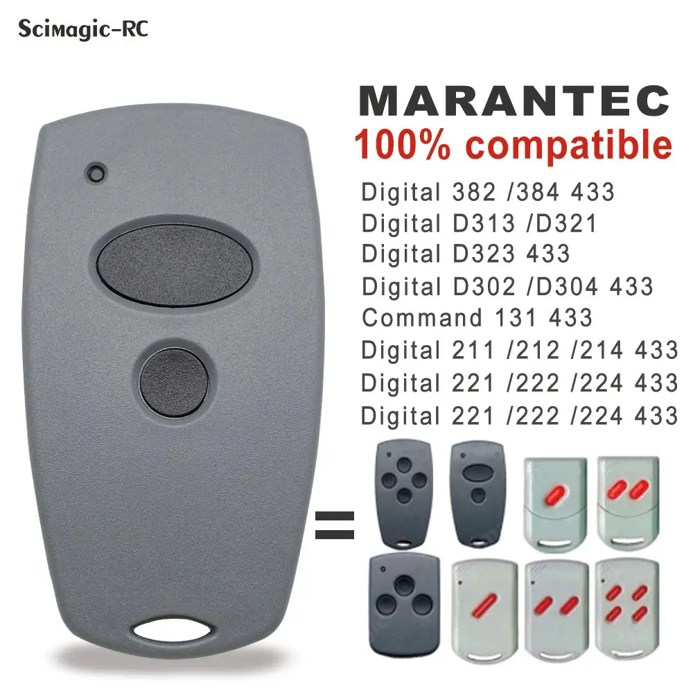 Simples Market 868/433 MHz garage door remote duplicator, gray two-button handheld controller; shows Marantec remotes