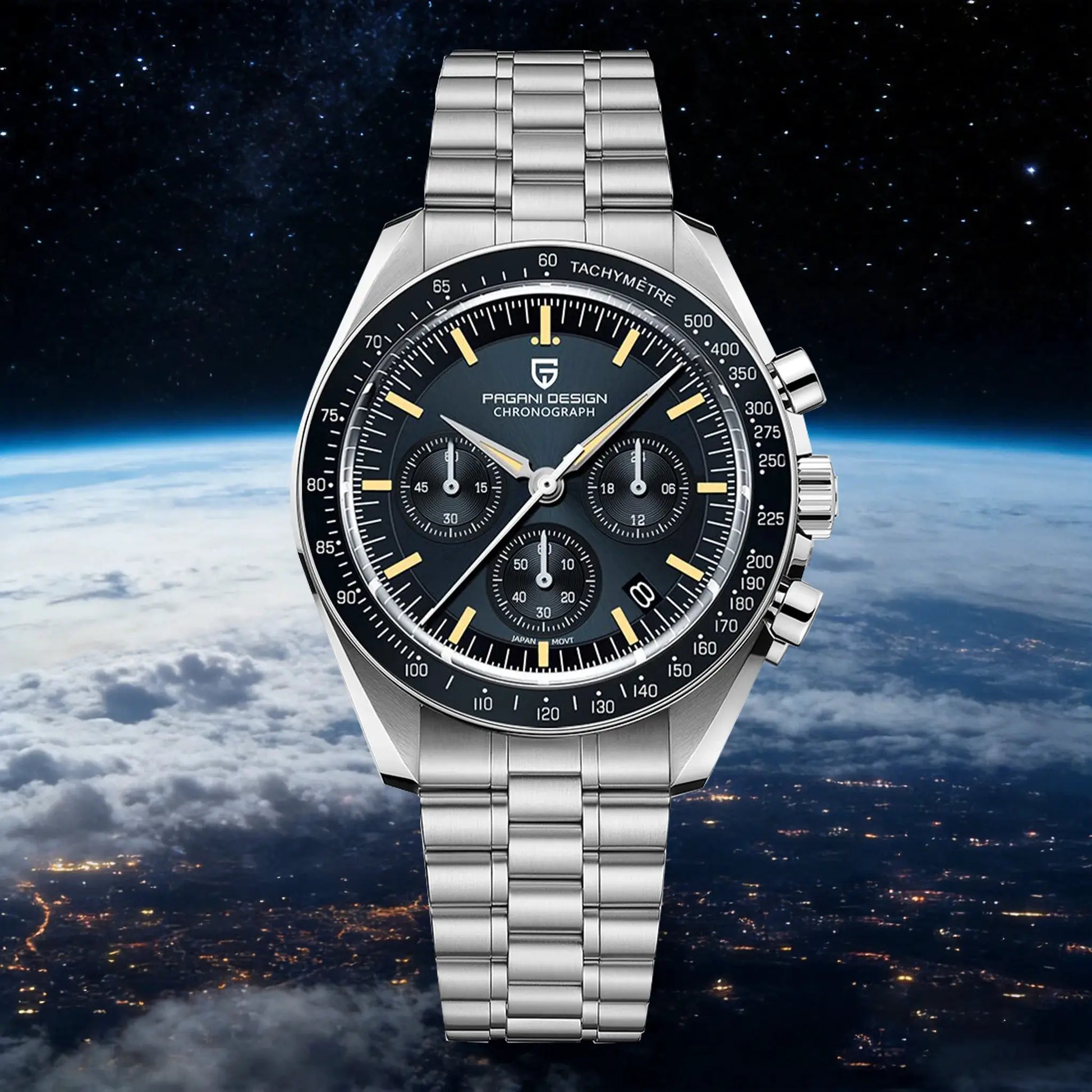 Pagani Design chronograph moon watch for men with stainless steel bracelet and tachymeter bezel
