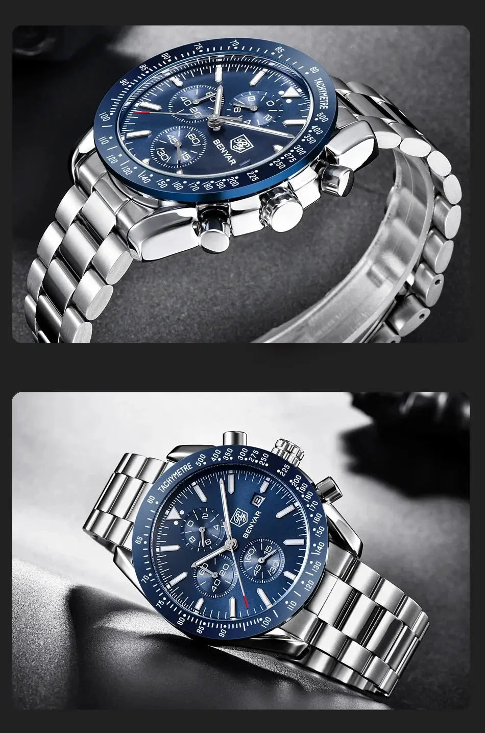 Men's BENYAR stainless steel luxury chronograph watch with blue dial